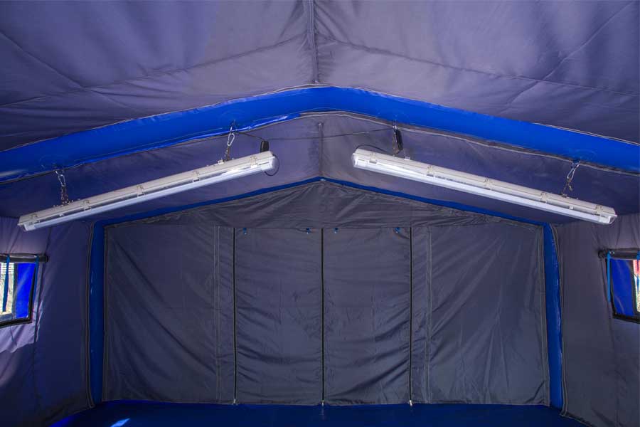 Blue inflatable military tent